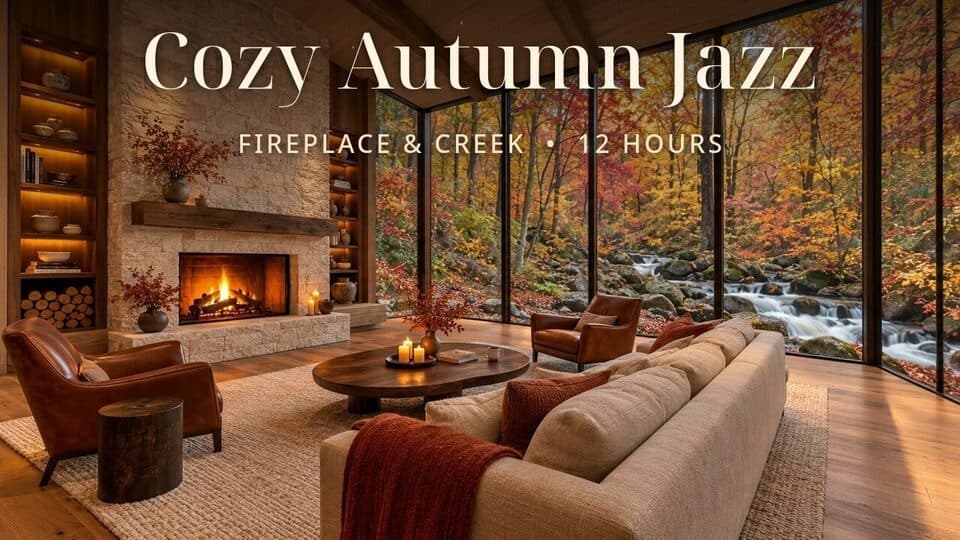 Cozy Autumn Jazz video thumbnail: a fireplace room beside a creek