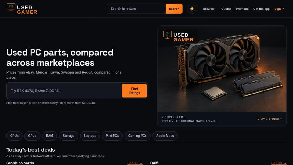 The UsedGamer home page comparing used PC parts across marketplaces