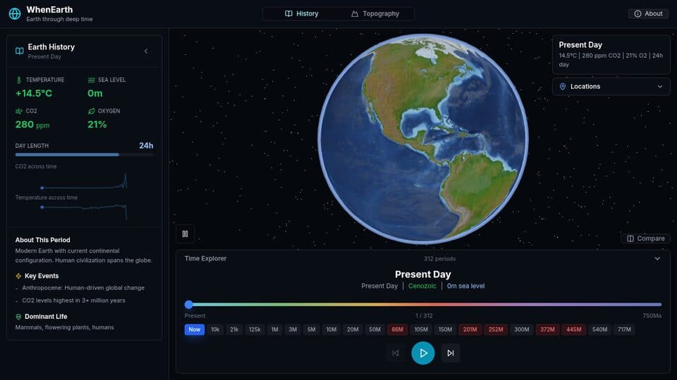 The WhenEarth 3D globe showing Earth today